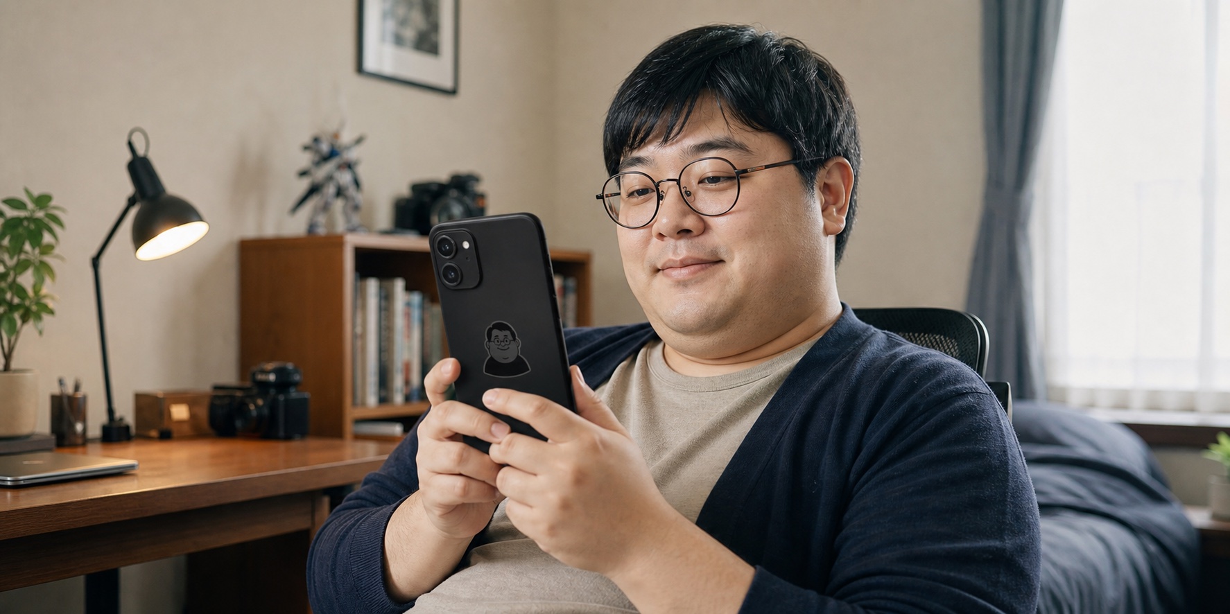 自宅でスマートフォンを使う男性